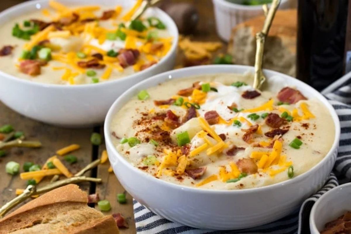 Delicious potato soup in white bowls.