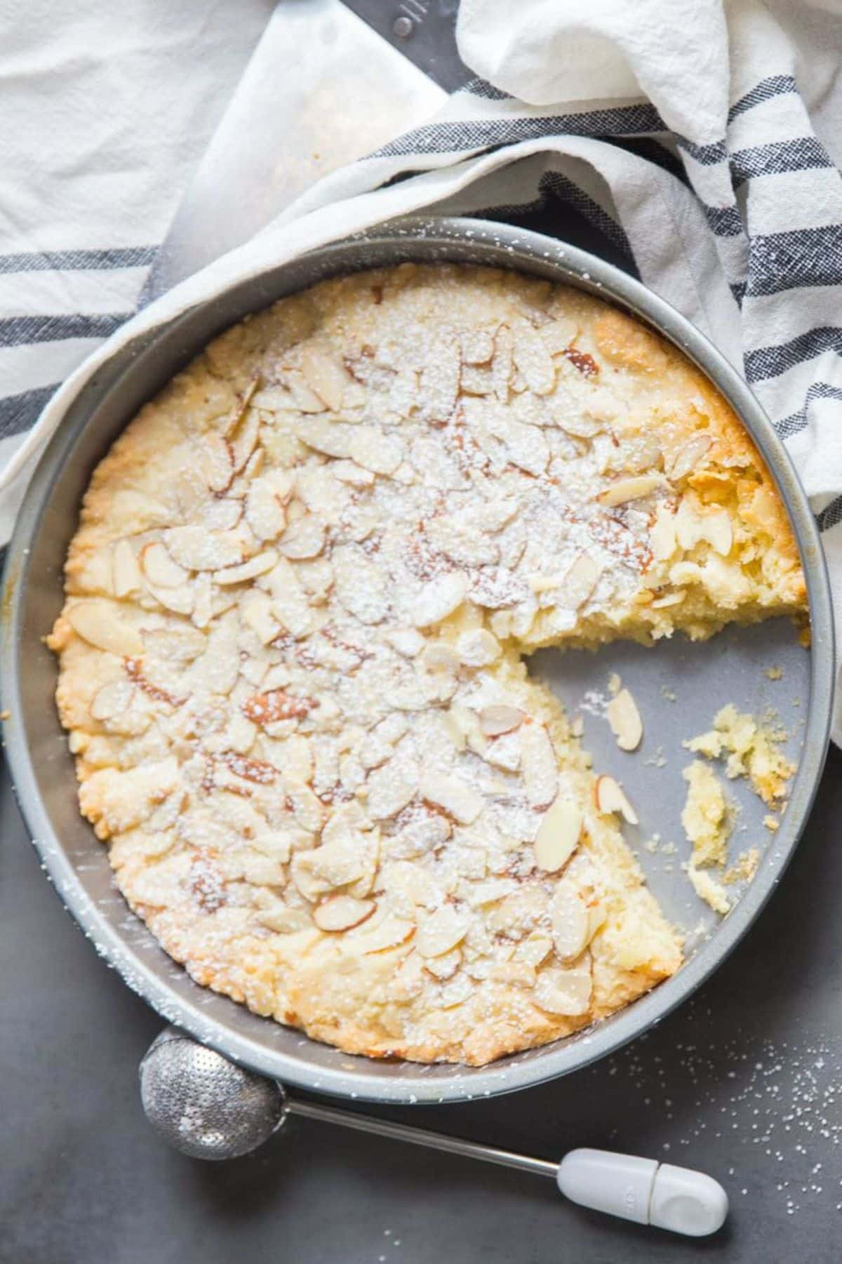 Almond butter cake in a cake tray.