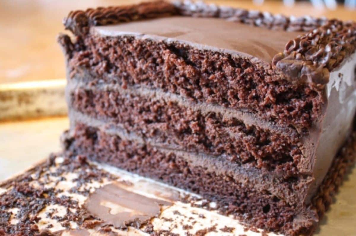 A close-up of a delicious chocolate lard bourbon cake.