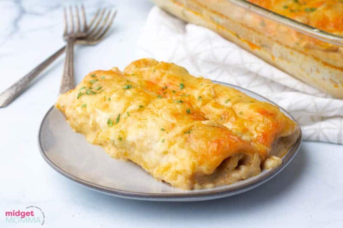 Two deliicous chicken enchiladas on a gray plate.