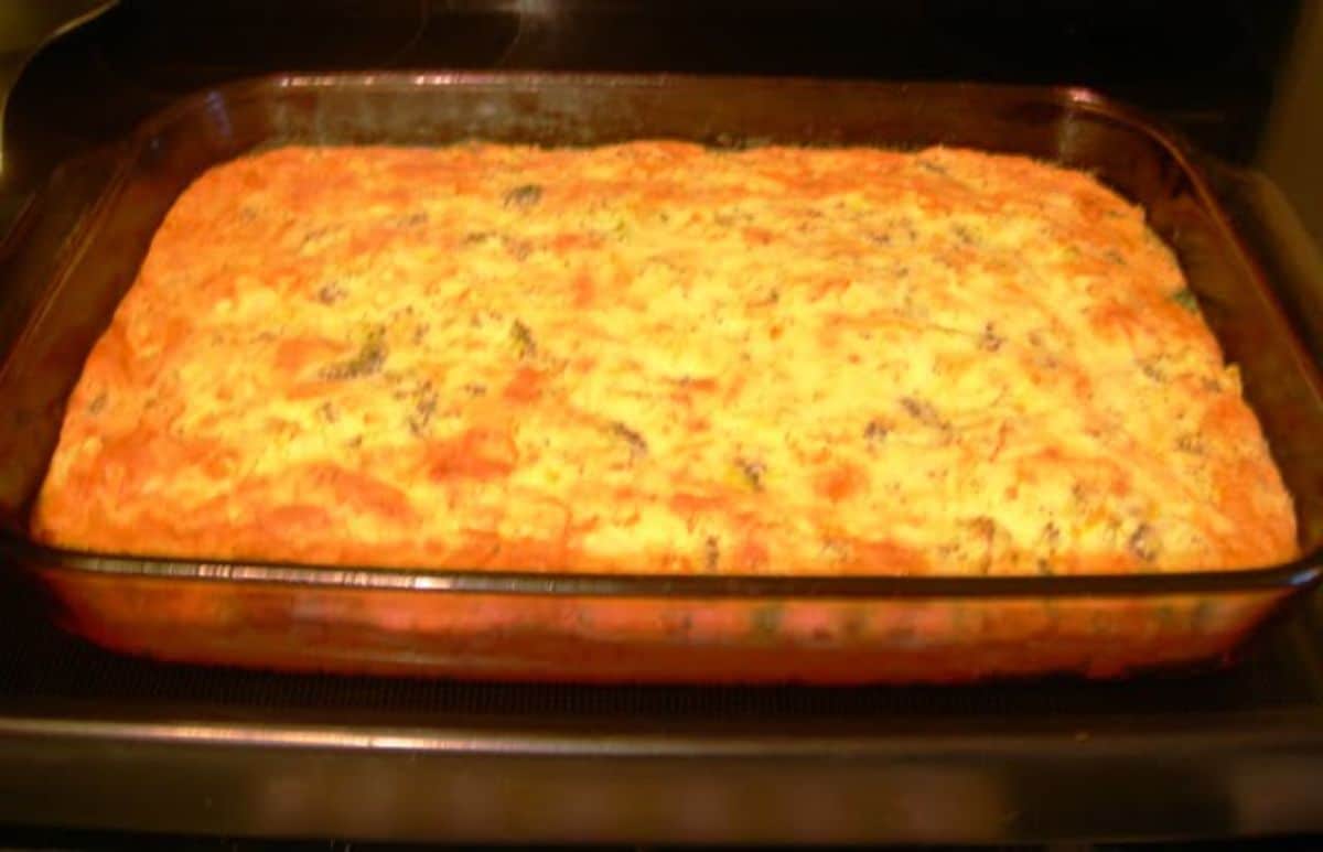 Broccoli cornbread in a glass casserole.