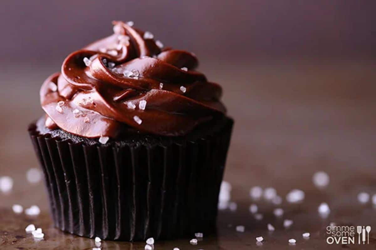 A delicious salted dark chocolate cupcake.