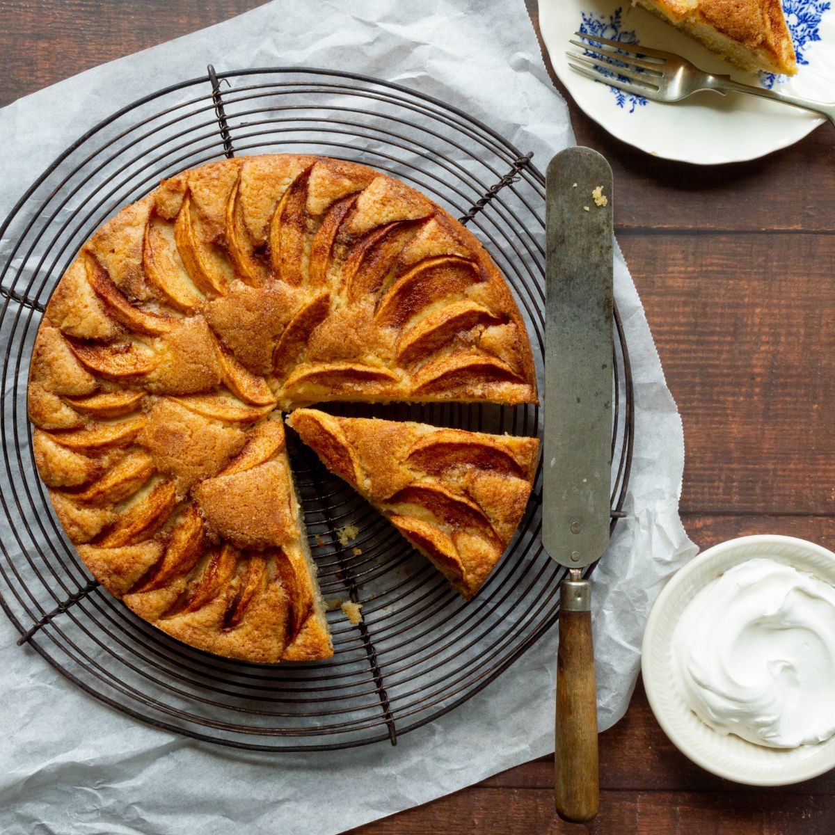 German apple cake on a resting grid.