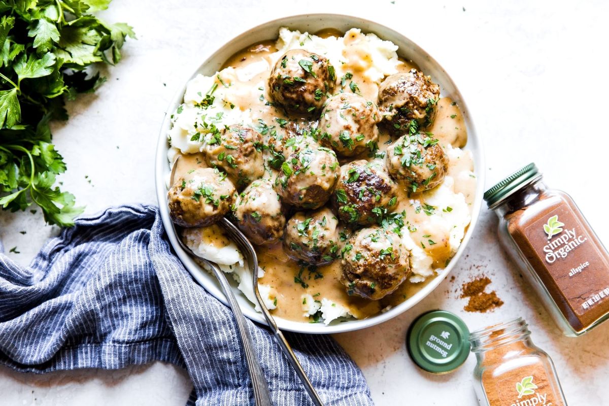 Delicious swedish meatballs in a white bowl.