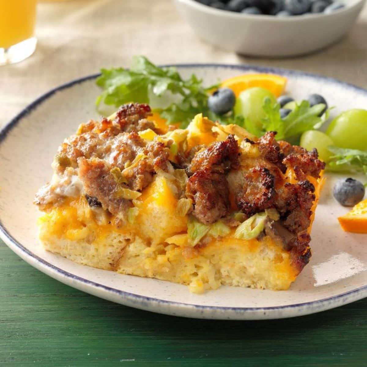 A piece of green chile brunch bake on a plate.