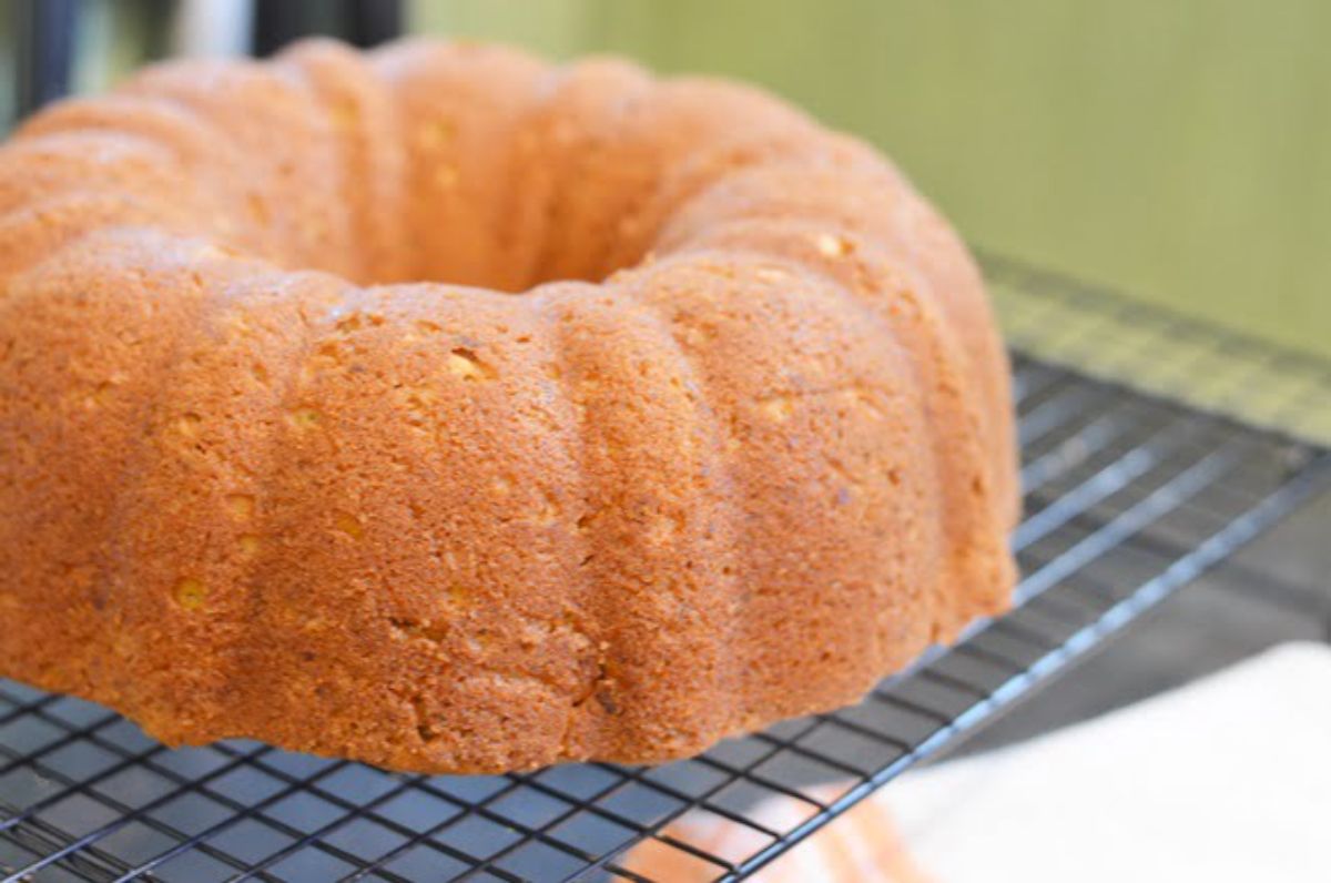 Scrumptious autumn pumpkin pound cake on a resting grid.