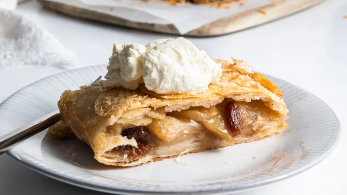 Mouth-watering strudel on a white plate.