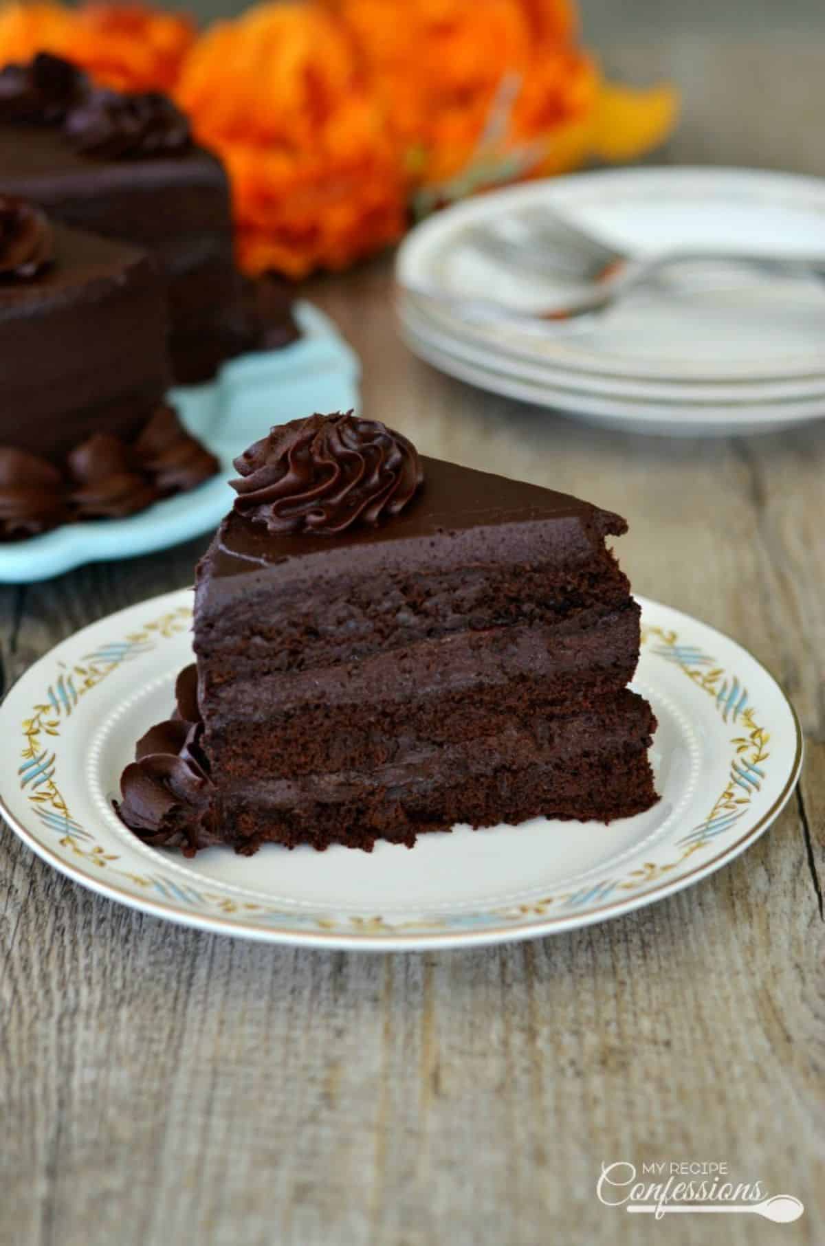 A piece of ultimate chocolate cake on a plate.
