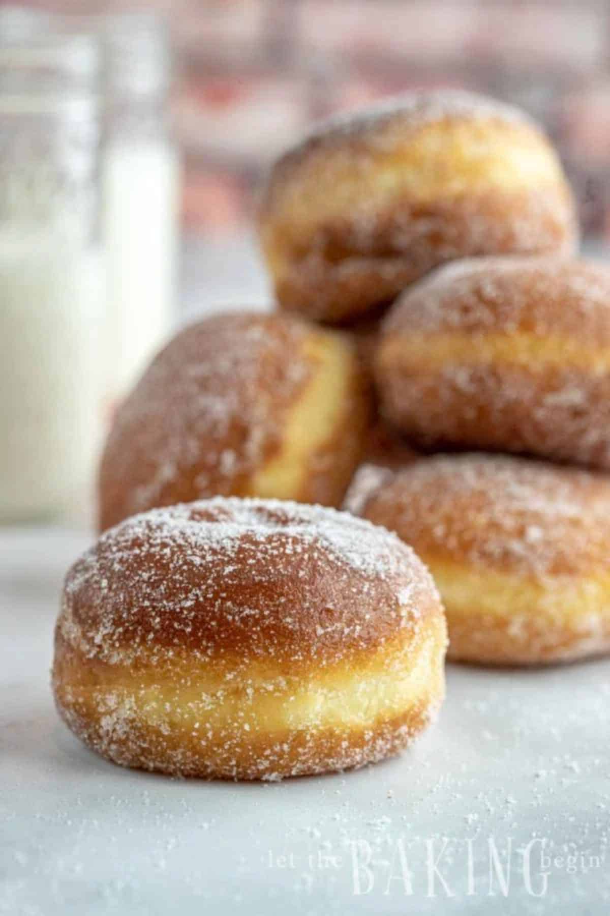 Crispy donuts on a table.