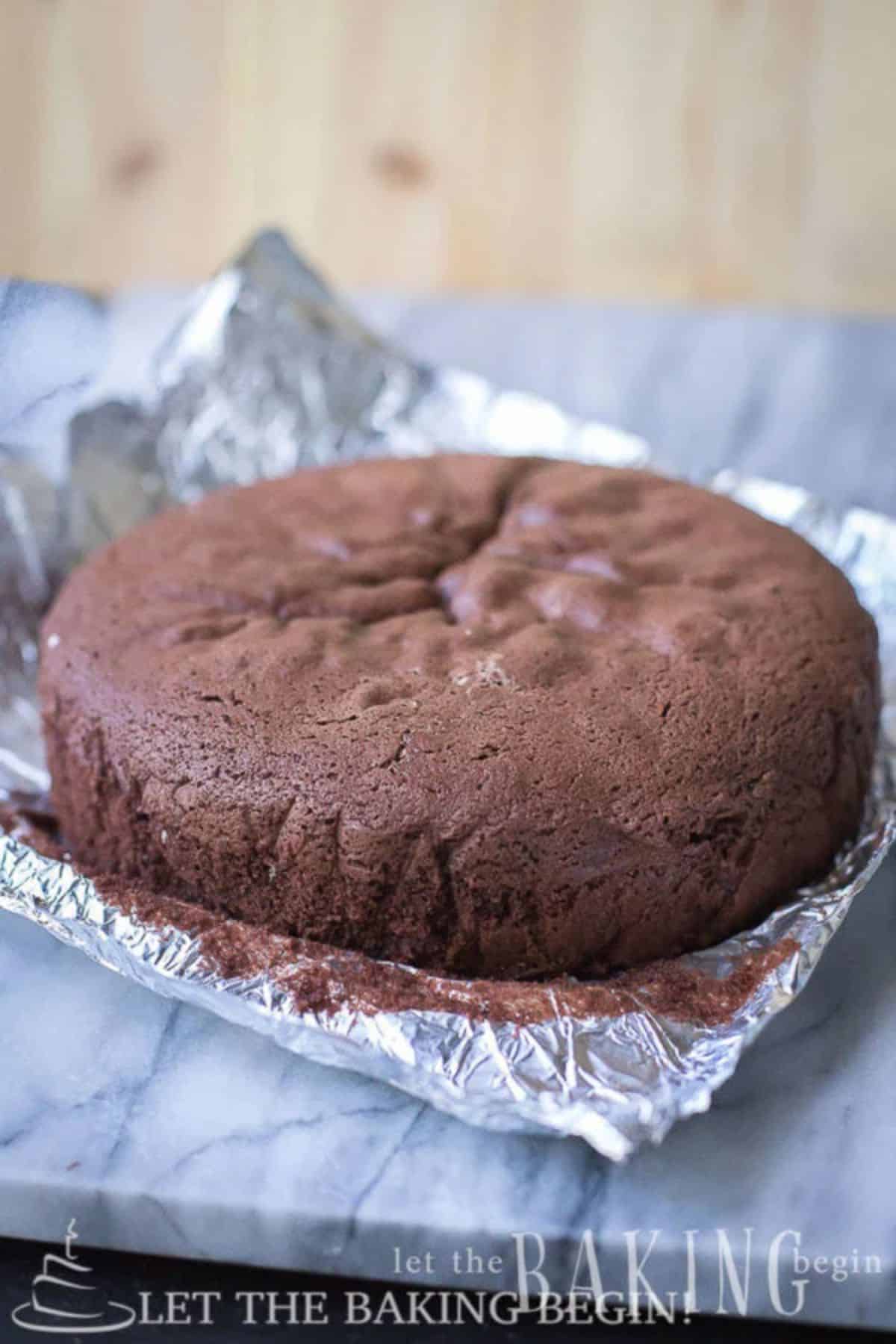 Delicious sponge cake on a baking foil.