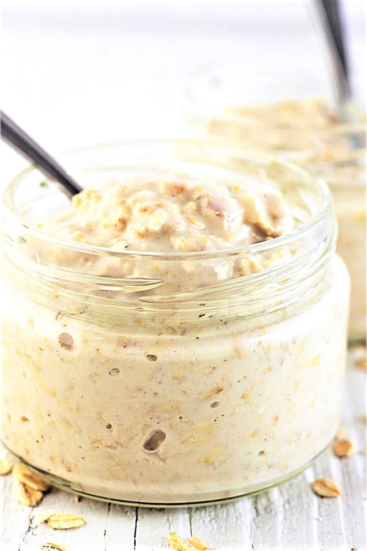 Healthy basic overnight oats in a glass jar.