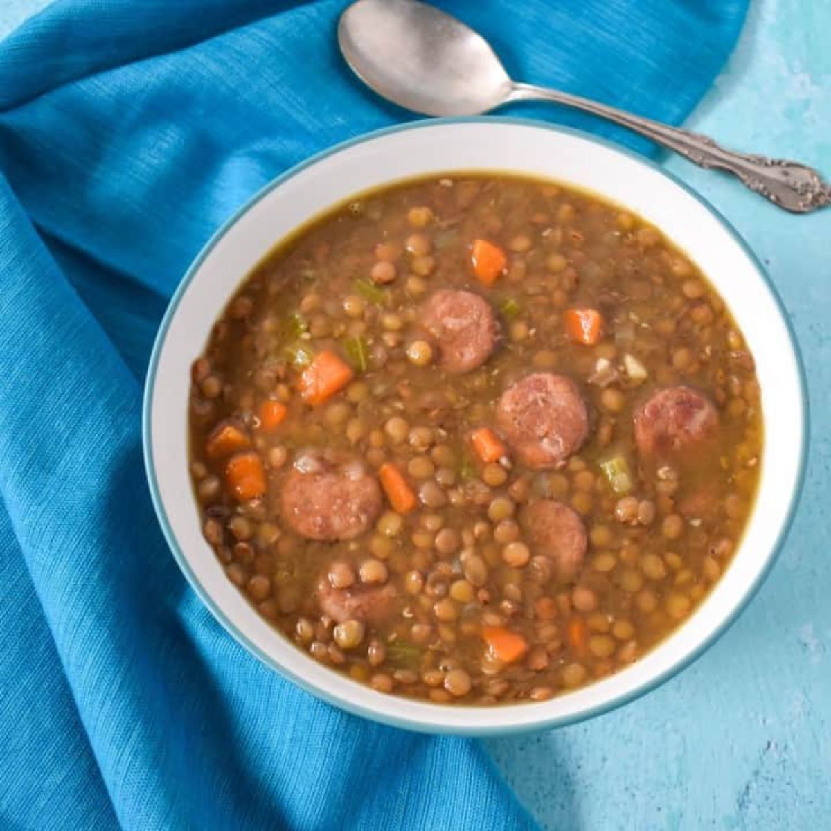 Healthy andouille lentil soup in a bowl.