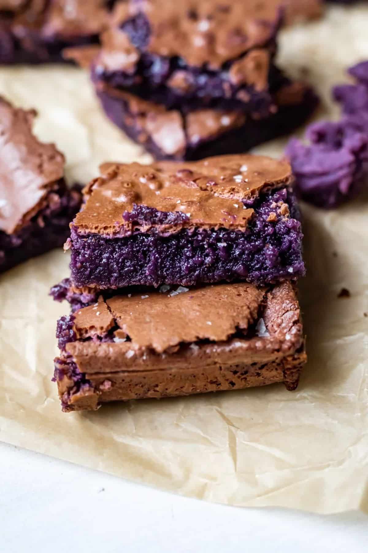 Delicious ube brownies on baking paper.