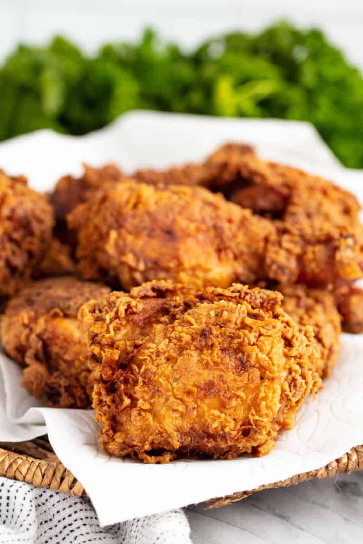 Crispy fried chicken on a tray.