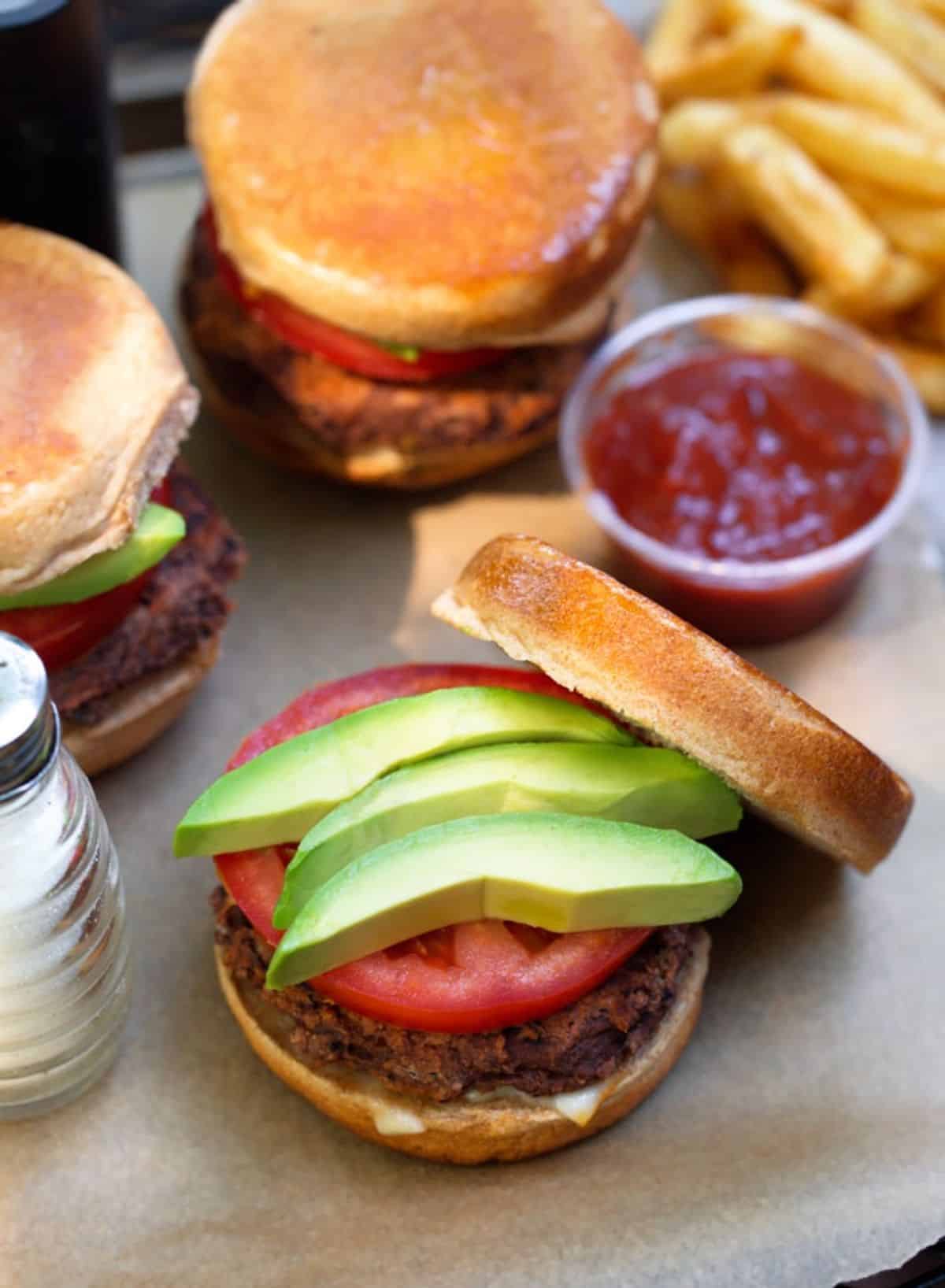 Delicious four-ingredient black bean burgers on a table.