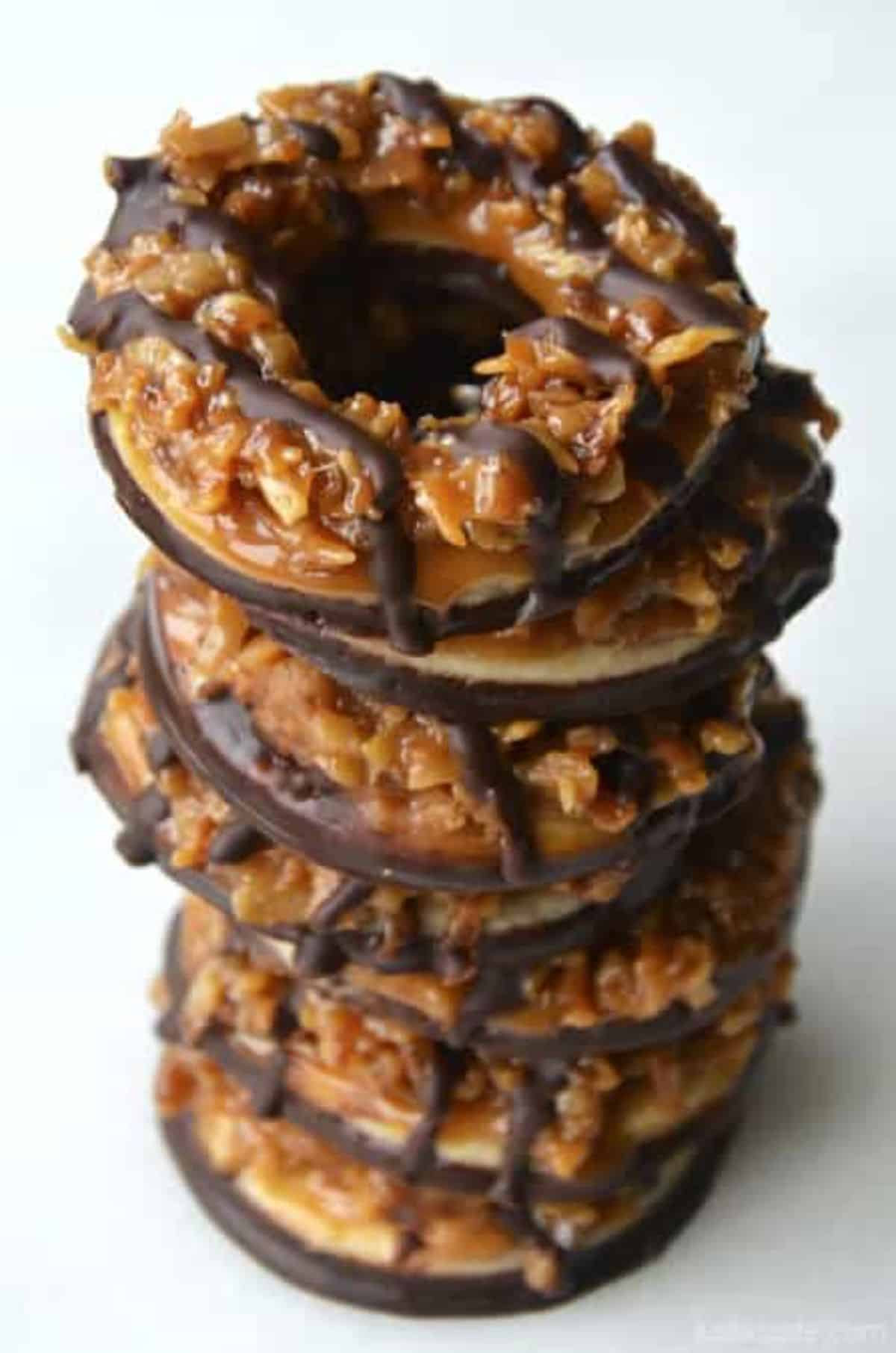 A pile of crunchy samoas cookies.