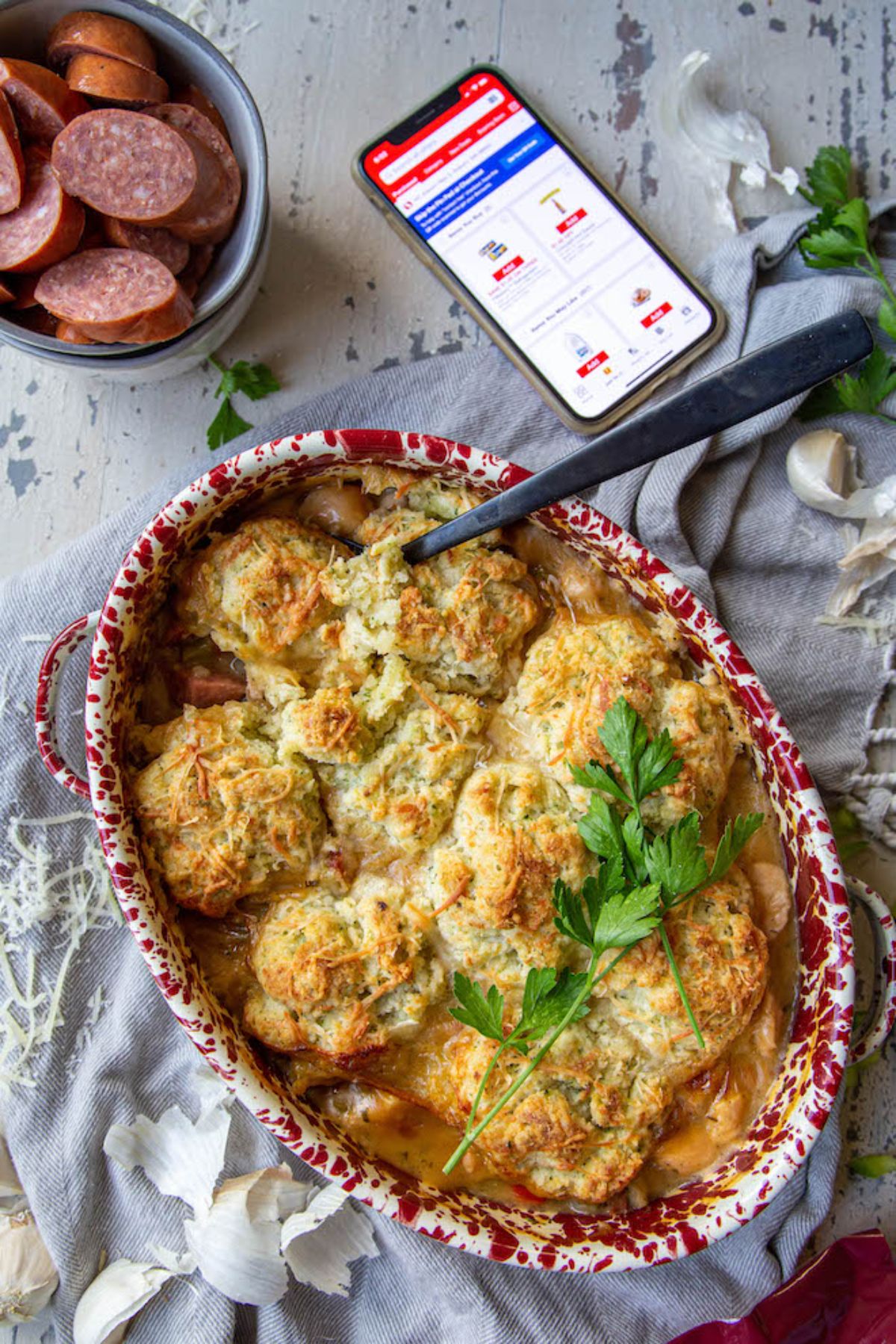 Scrumptious chicken and sausage pot pie in a casserole.