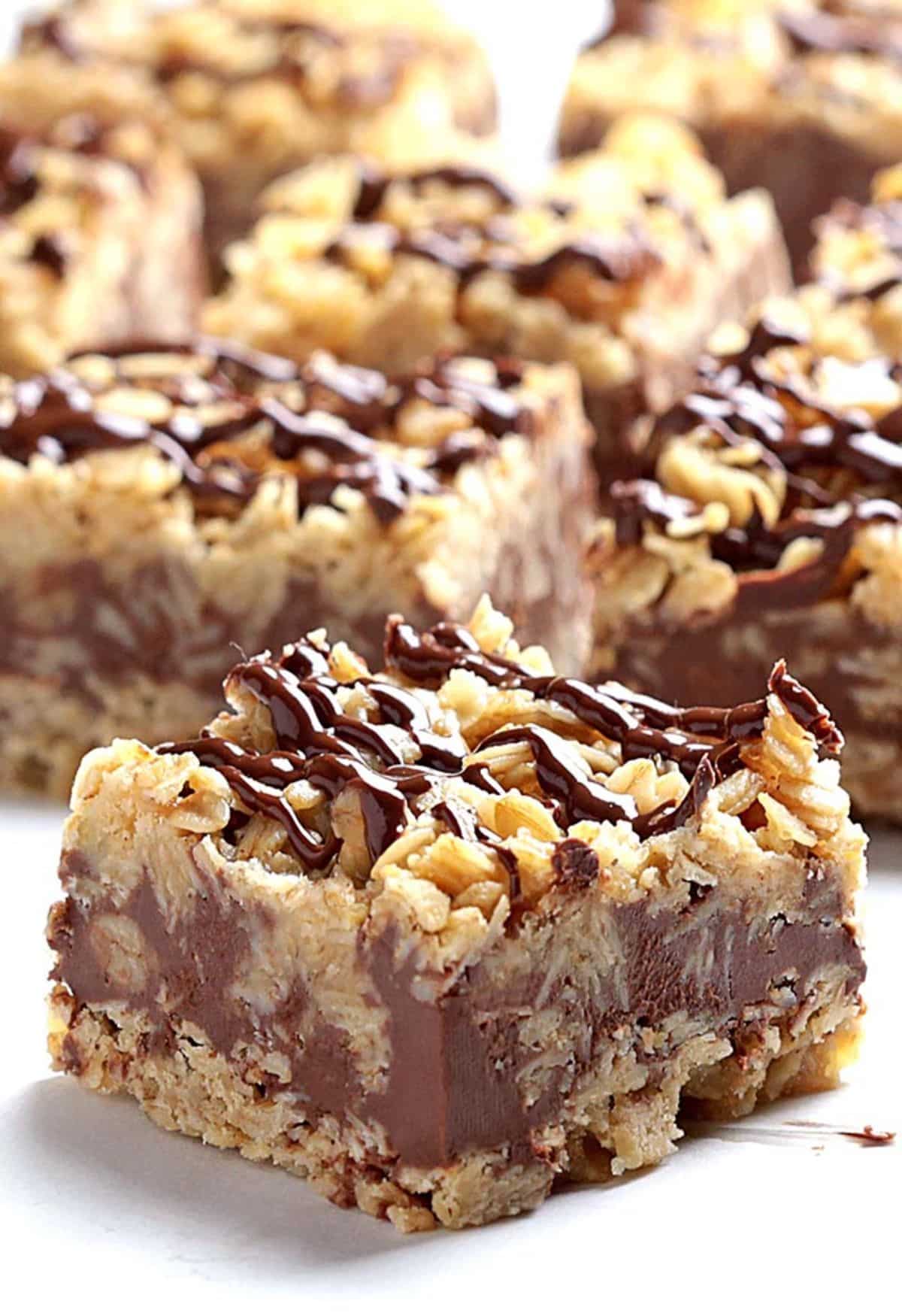 Mouth-watering no-bake chocolate oatmeal bars on a tray.