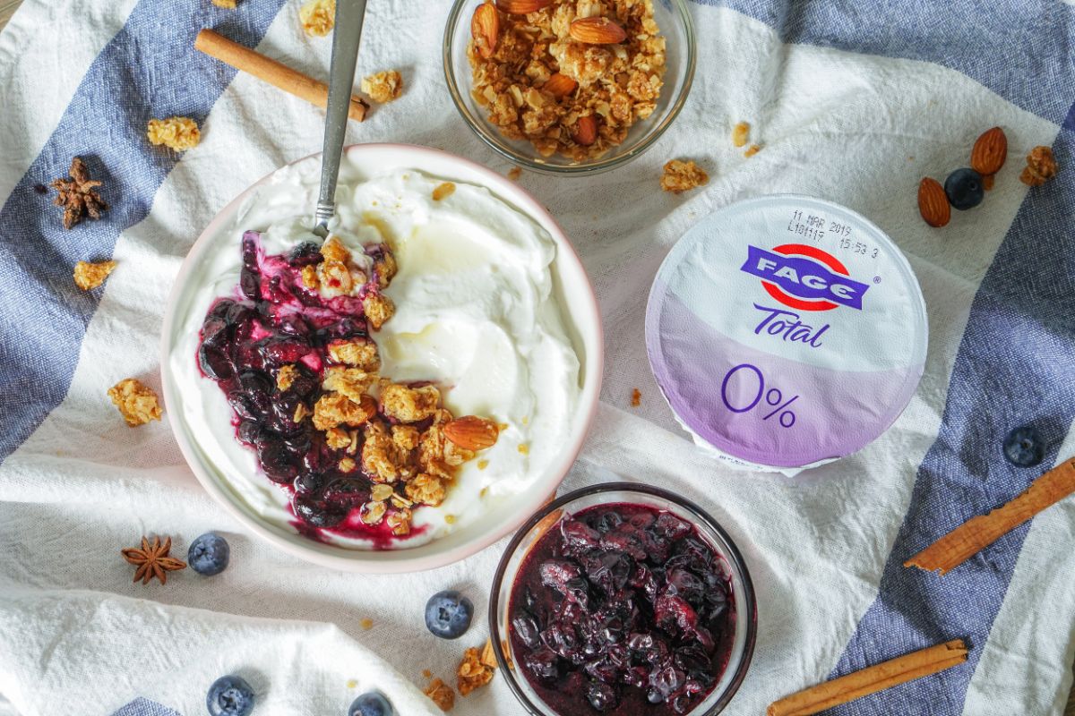 Scrumptious blueberry cobbler yogurt parfait in a bowl.