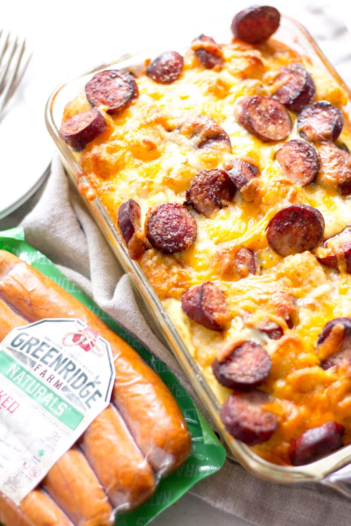Flavorful andouille sausage breakfast in a glass casserole.