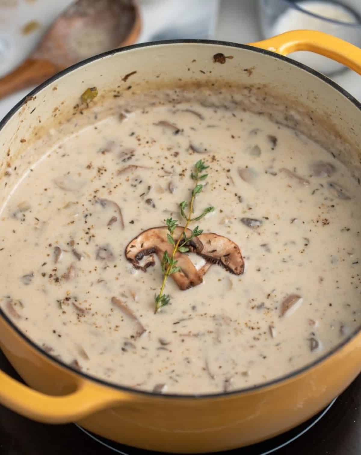 Delicious creamy mushroom soup in a pot.