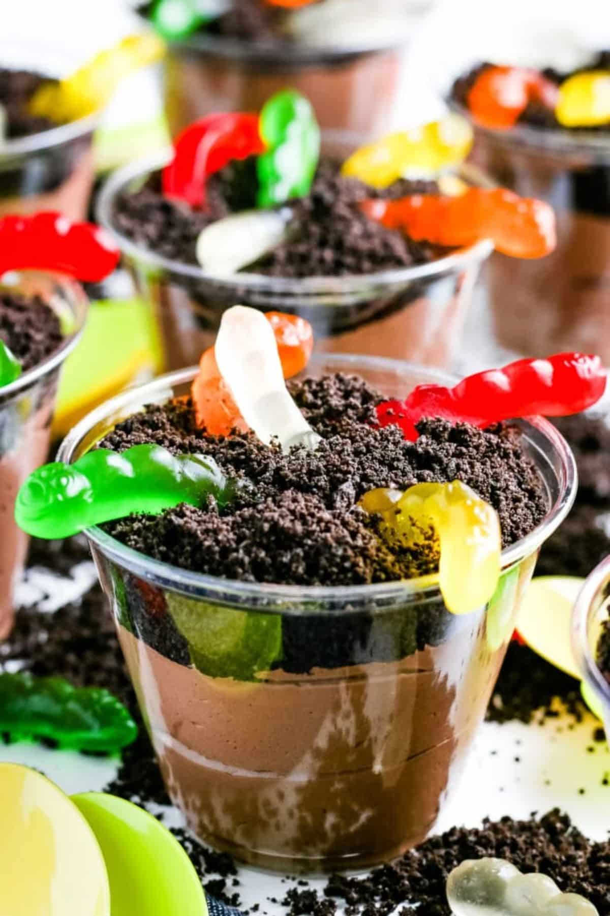 Scrumptious dirt puddings in plastic cups.
