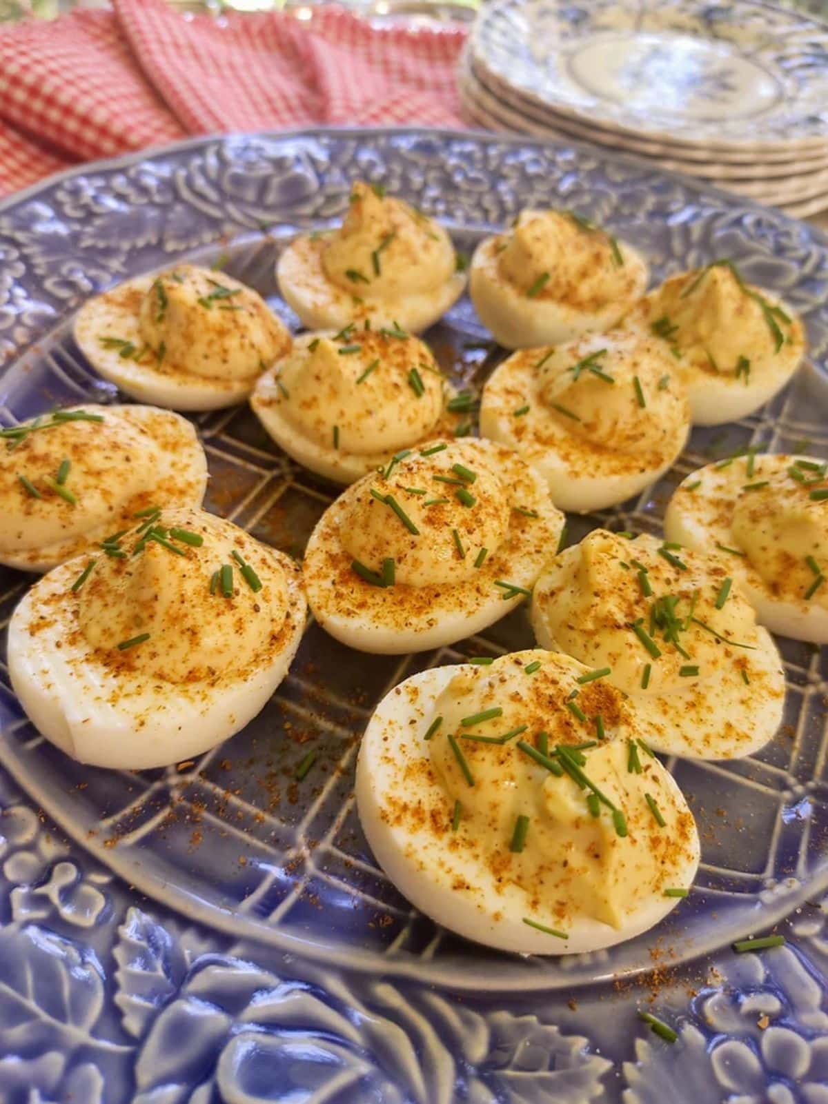 Tasty old bay deviled eggs on a tray.