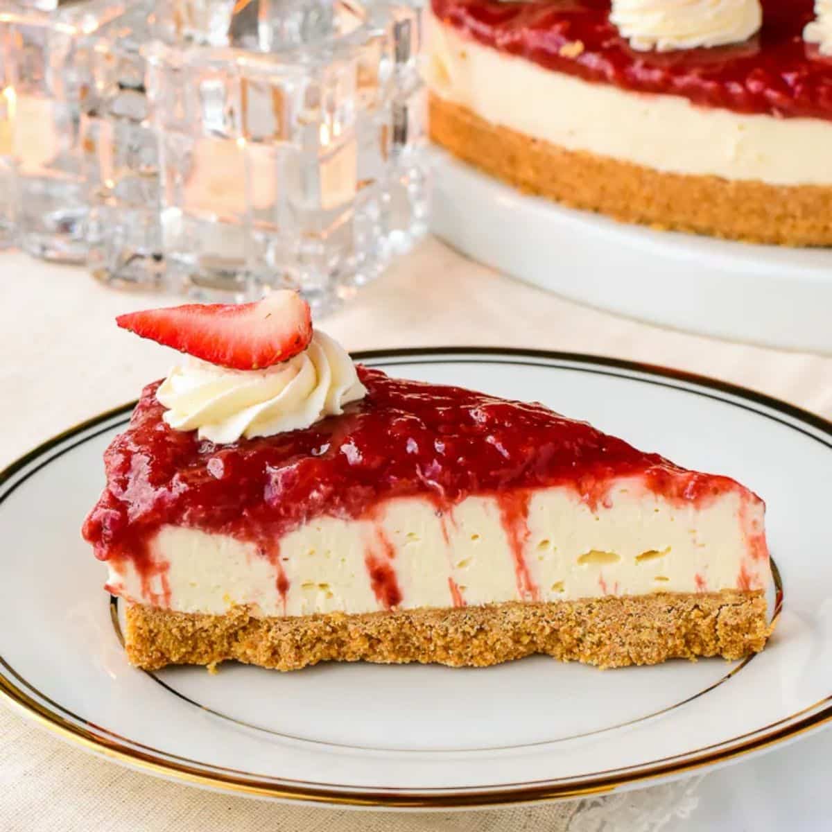 A piece of delicious  strawberry cheesecake (no-bake) on a white plate.