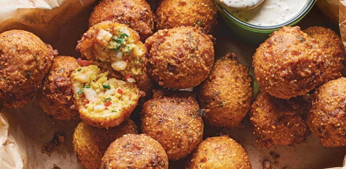 Crunchy shrimp and grits hush puppies.