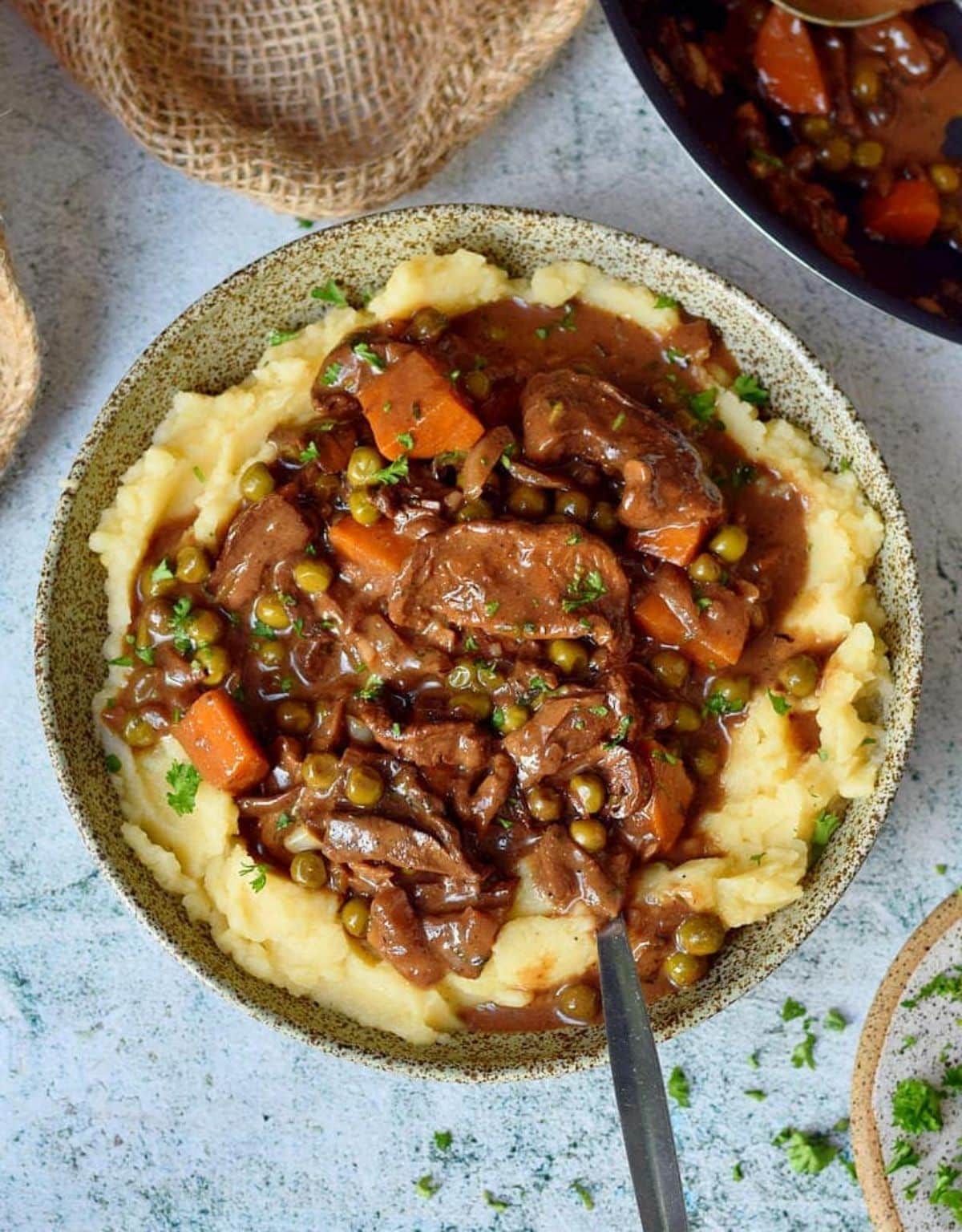 Mouth-watering mushroom bourguignon in a bowl.