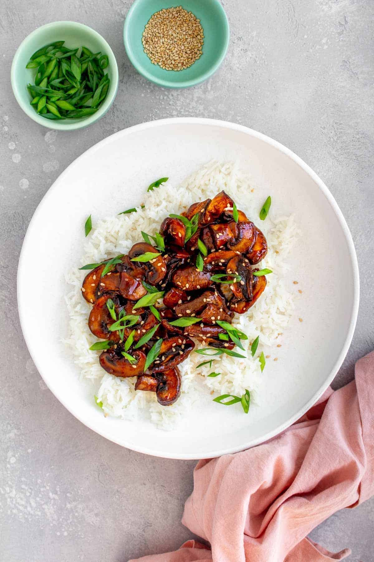 Delicious gochujang mushroom with rice in a white bowl.