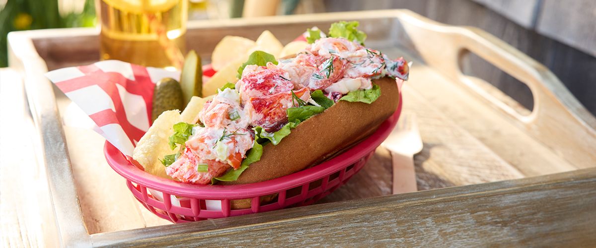 Delicious modern lobster roll in a red plastic basket.