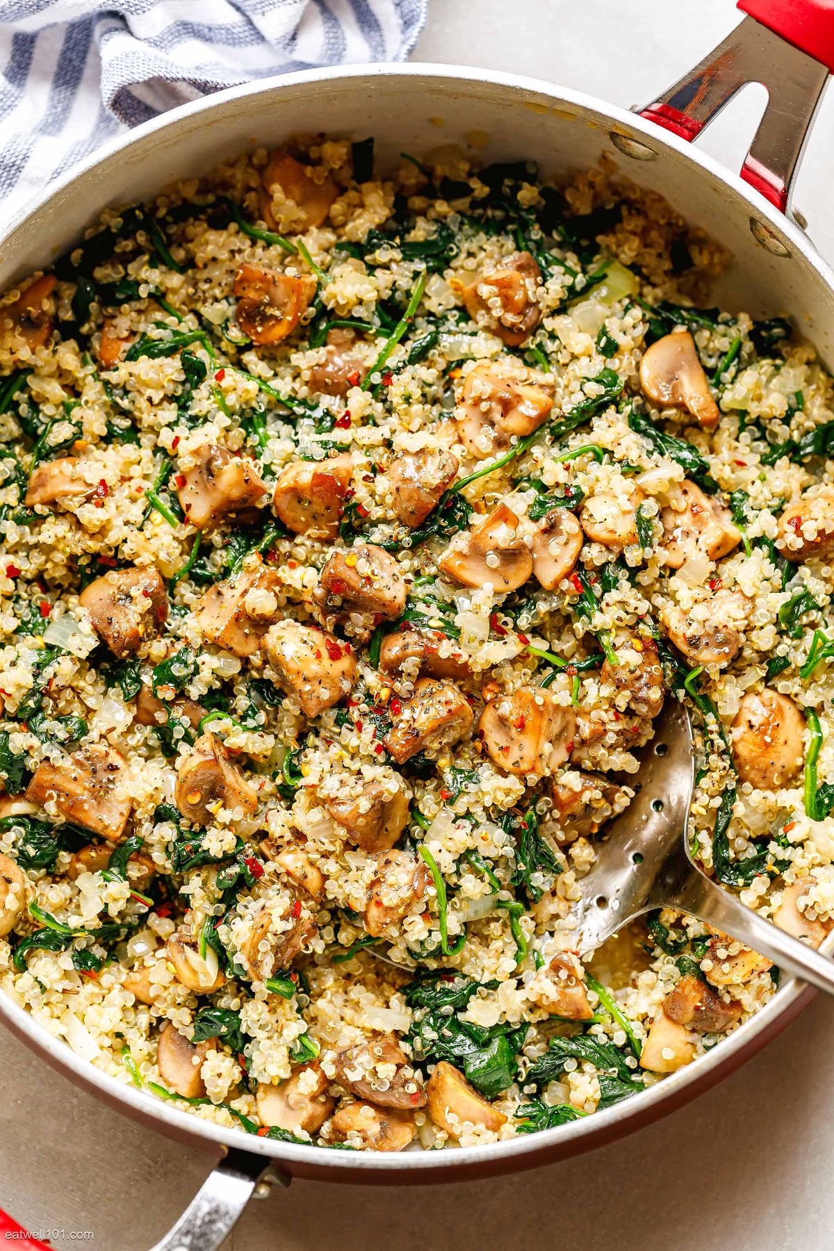 Scrumptious spinach mushroom quinoa in a skillet.