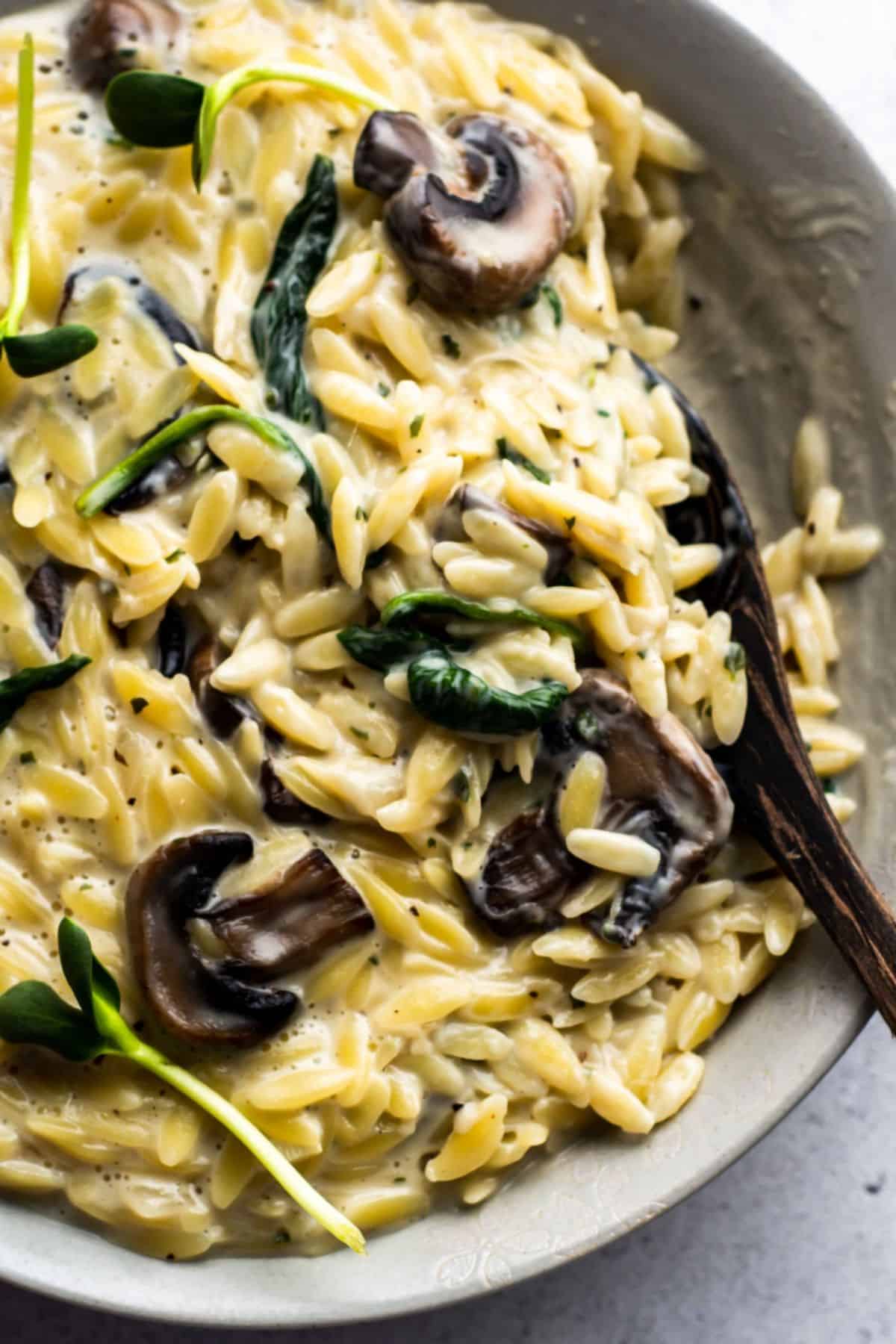 Healthy creamy mushroom orzo in a gray bowl with a wooden spoon.