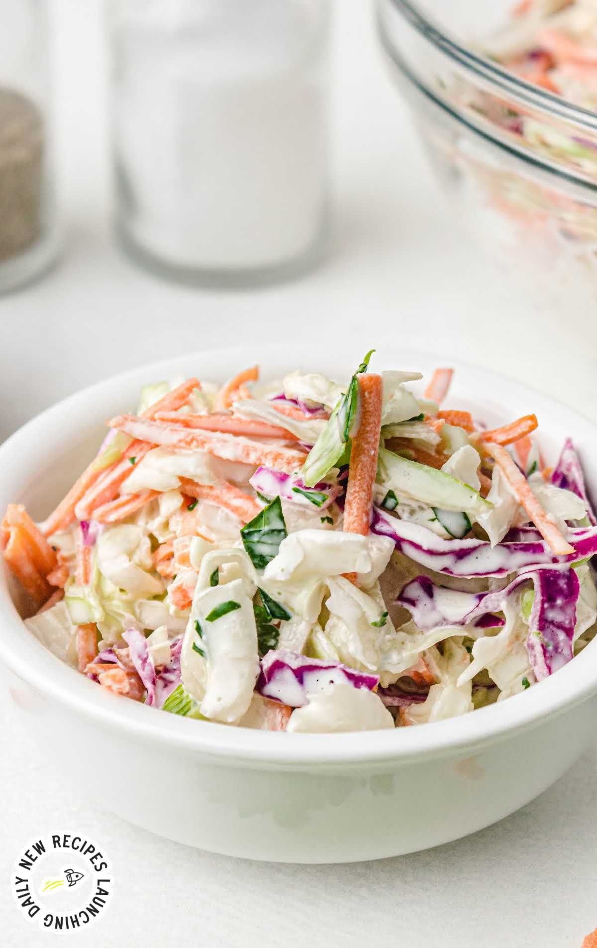 Healthy classic coleslaw in a white bowl.