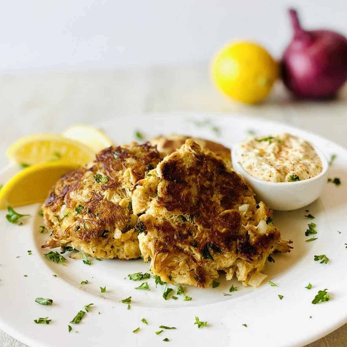 Delicious lion’s mane mushroom “crab” cakes on a white plate.