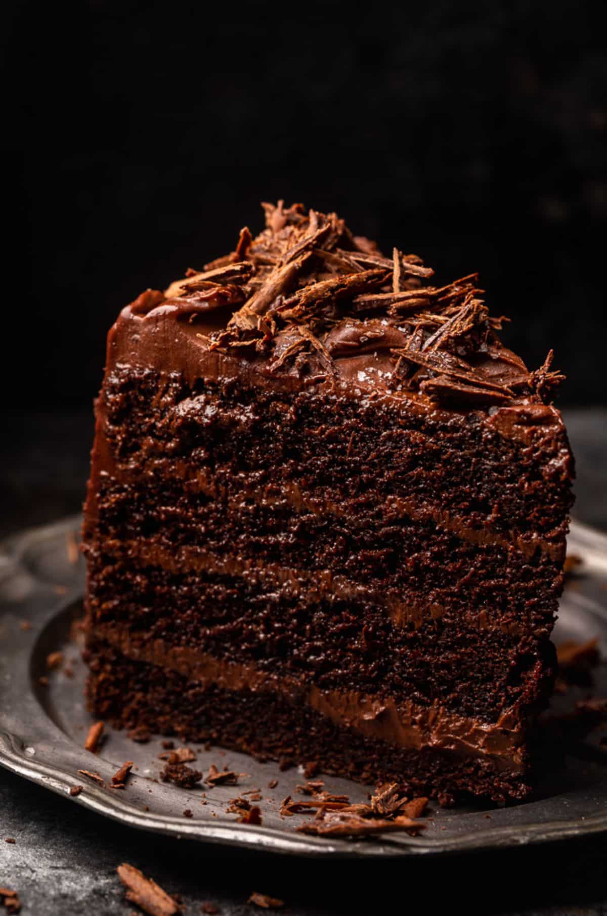 A piece of scrumptious devil’s food cake on a plate.