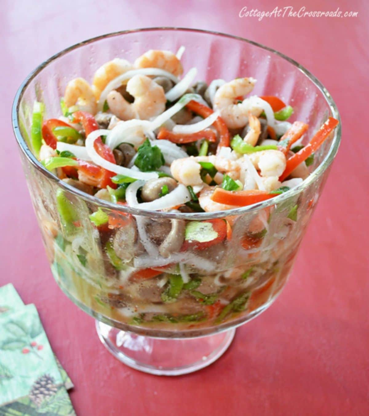 Healthy marinated shrimp in a glass bowl.