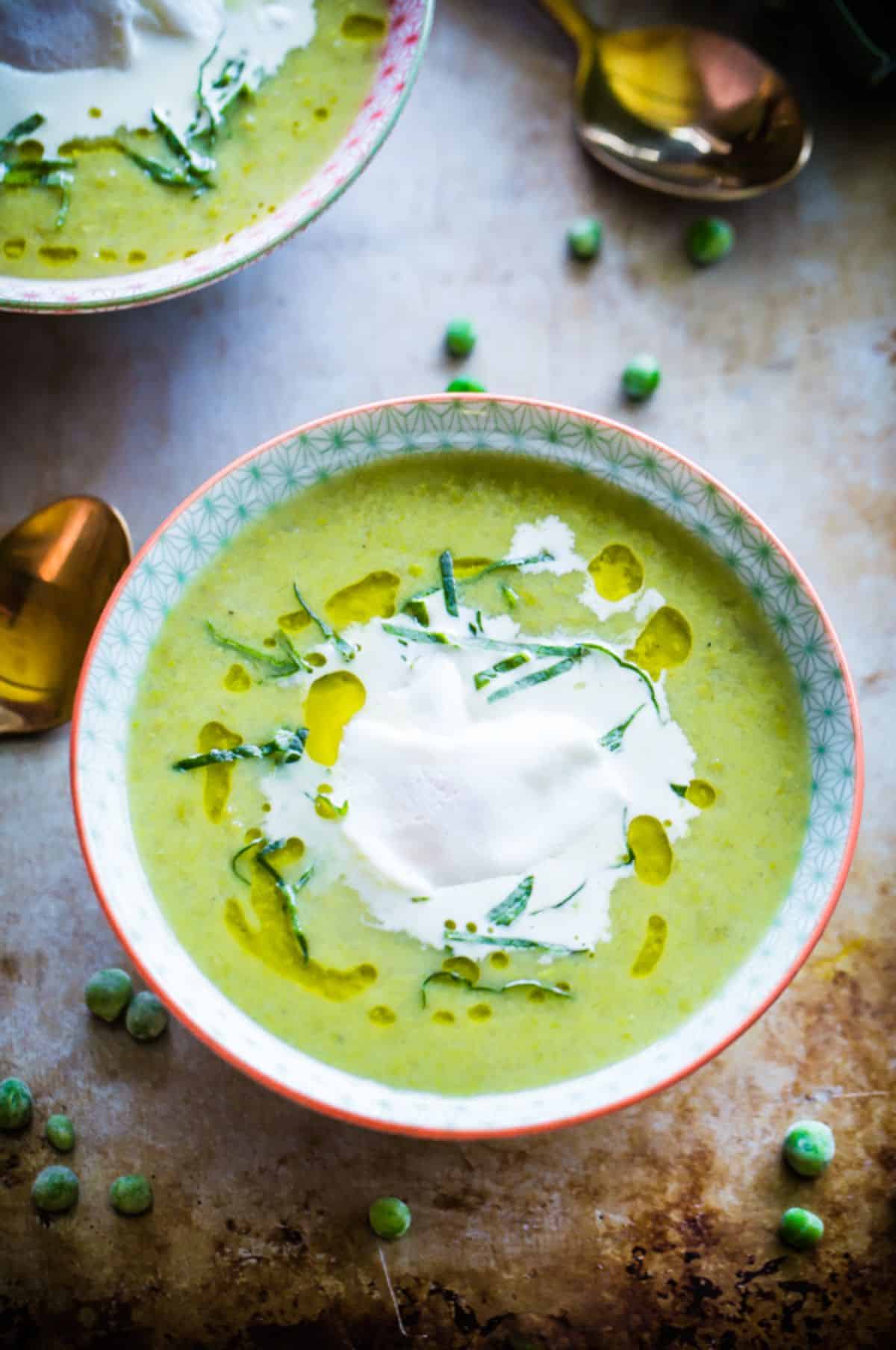 Healthy pea and leek soup in a bowl.