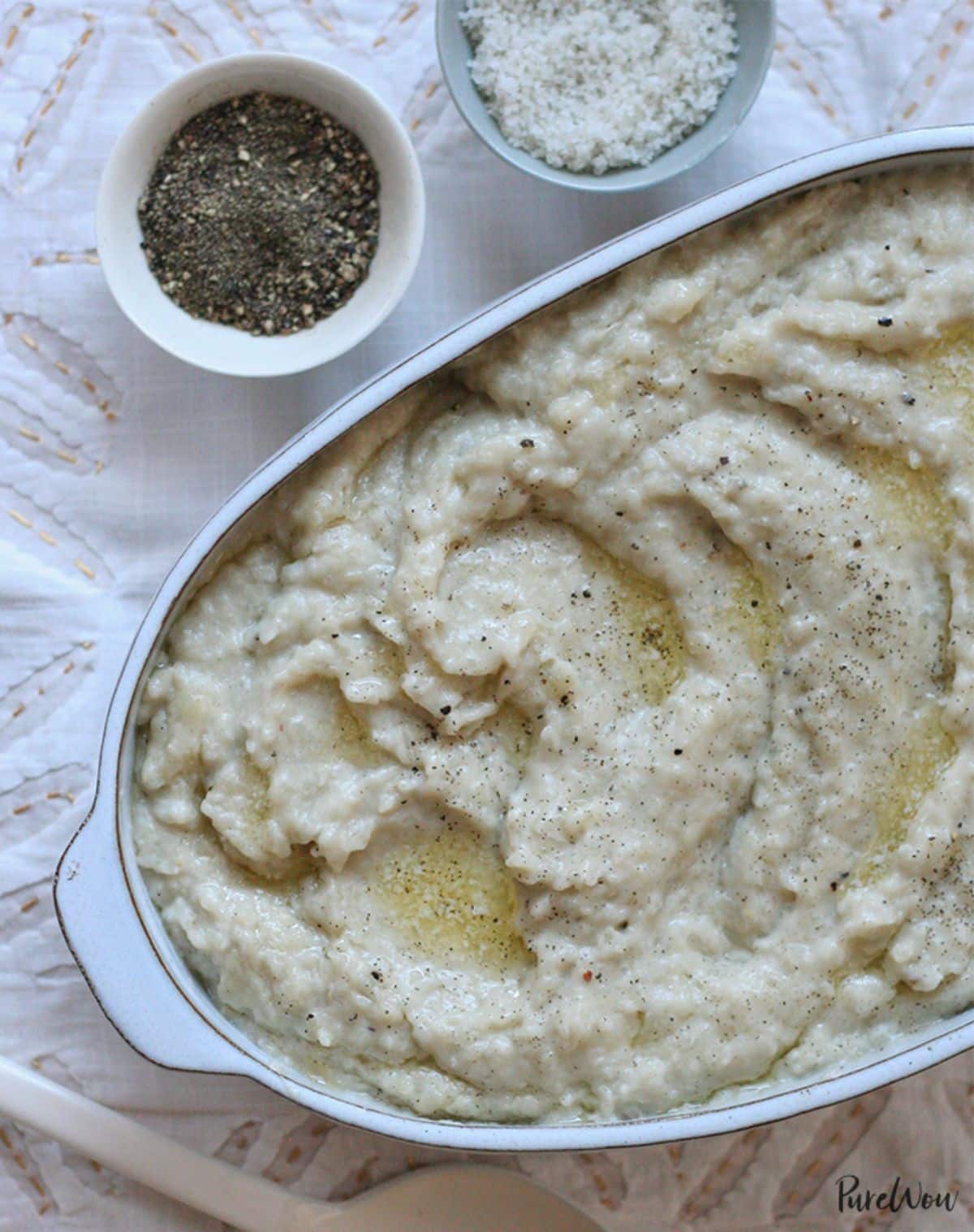 Juicy 20-minute-sour cream mashed potatoes in a casserole.