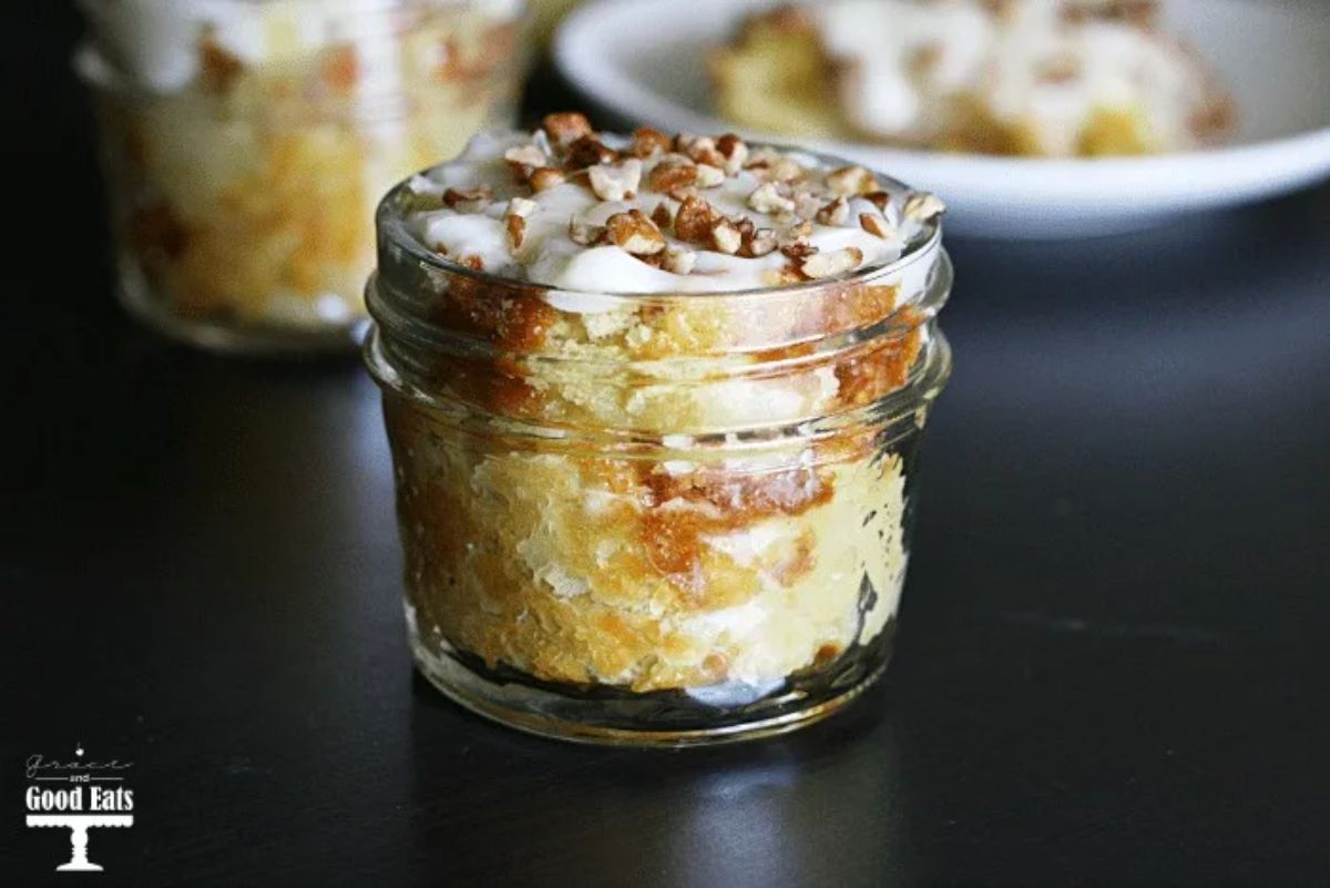 Delicious moist pineapple pudding cake in a glass jar.