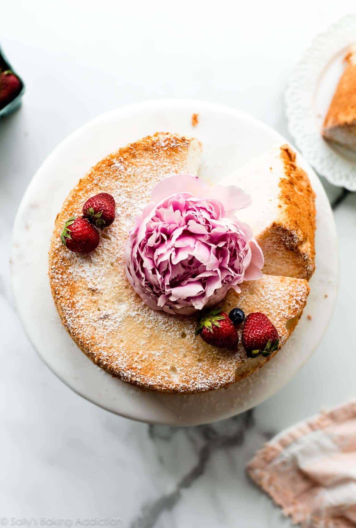 Delicious angel food cake on a cake tray.