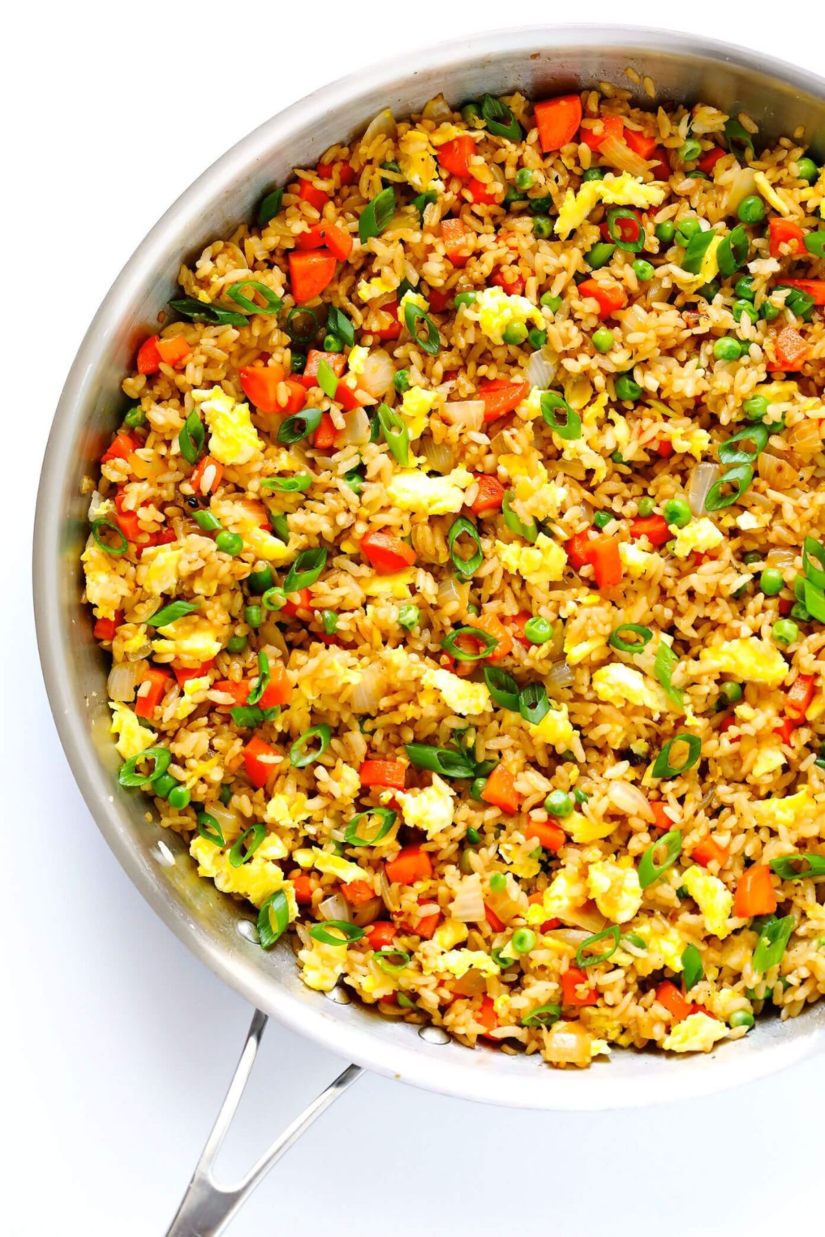 Healthy fried rice in a skillet.