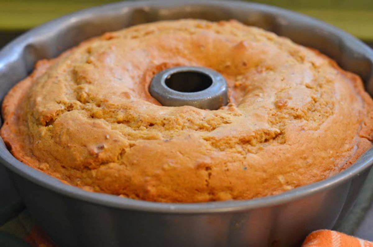 Delicious autumn pumpkin pound cake in a baking mold.