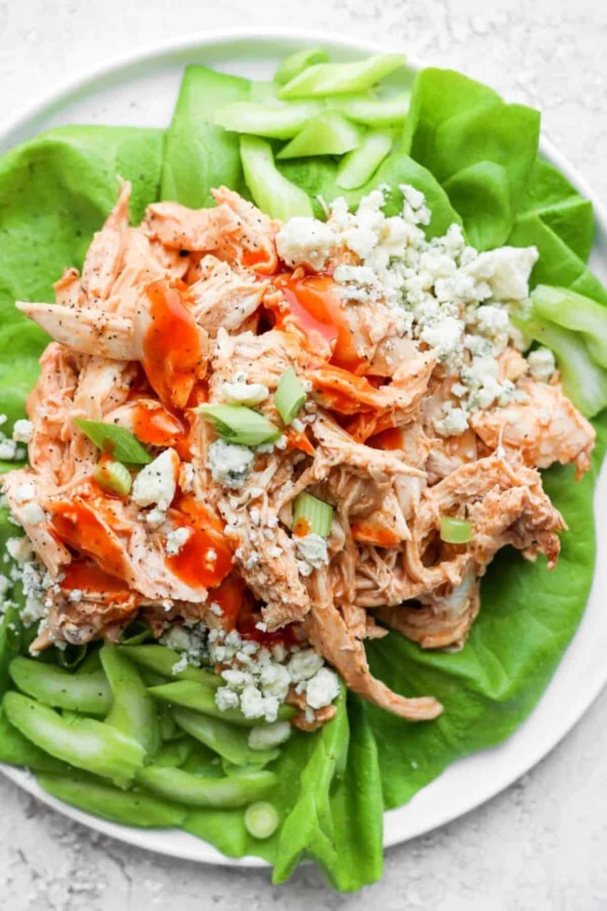 Flavorful buffalo chicken on a white plate.