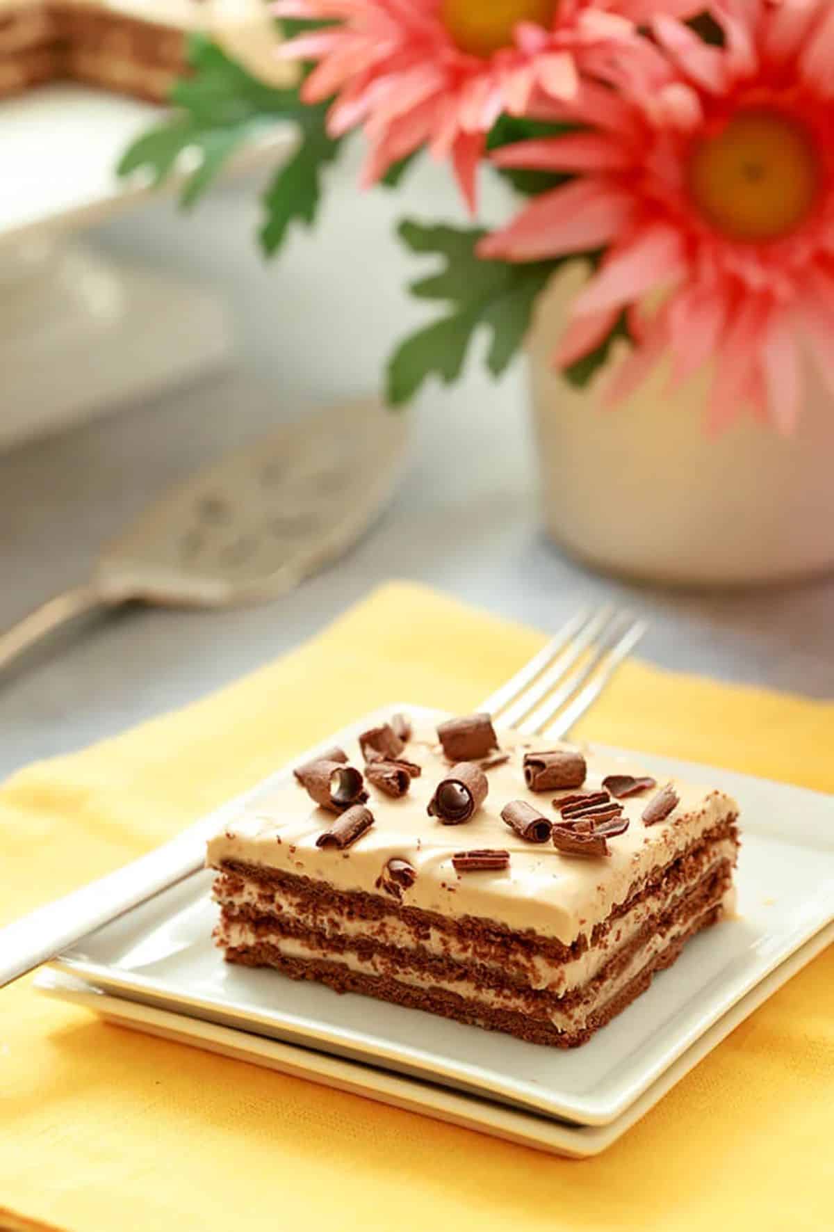 Scrumptious argentina's chocotorta dessert on a plate with a fork.