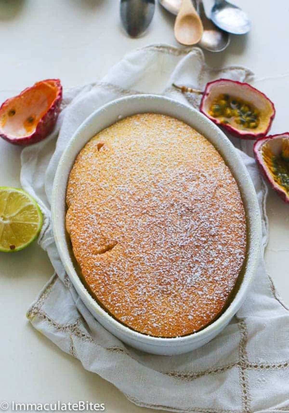 Delicious passion fruit pudding cake in a pot.