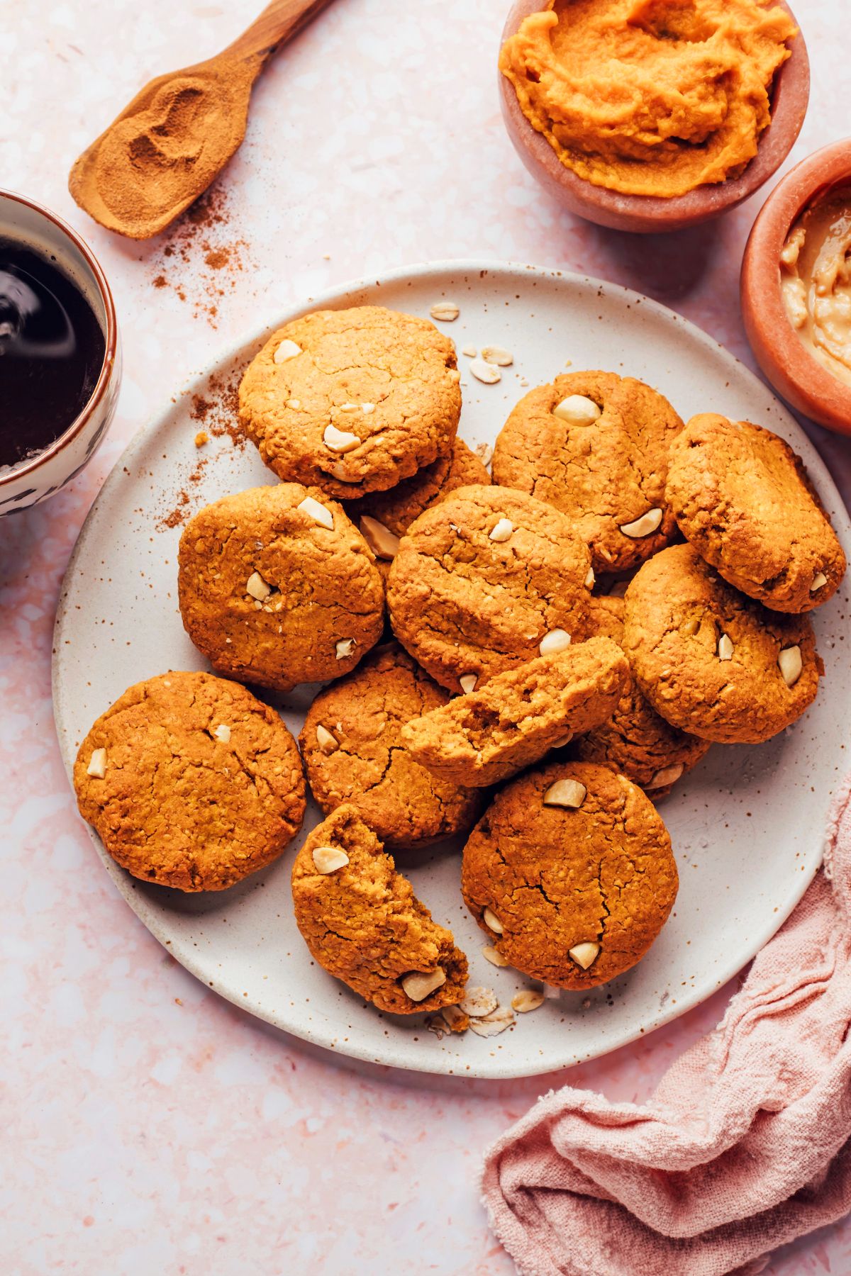 Crunchy pumpkin peanut butter breakfast cookies on a tray.