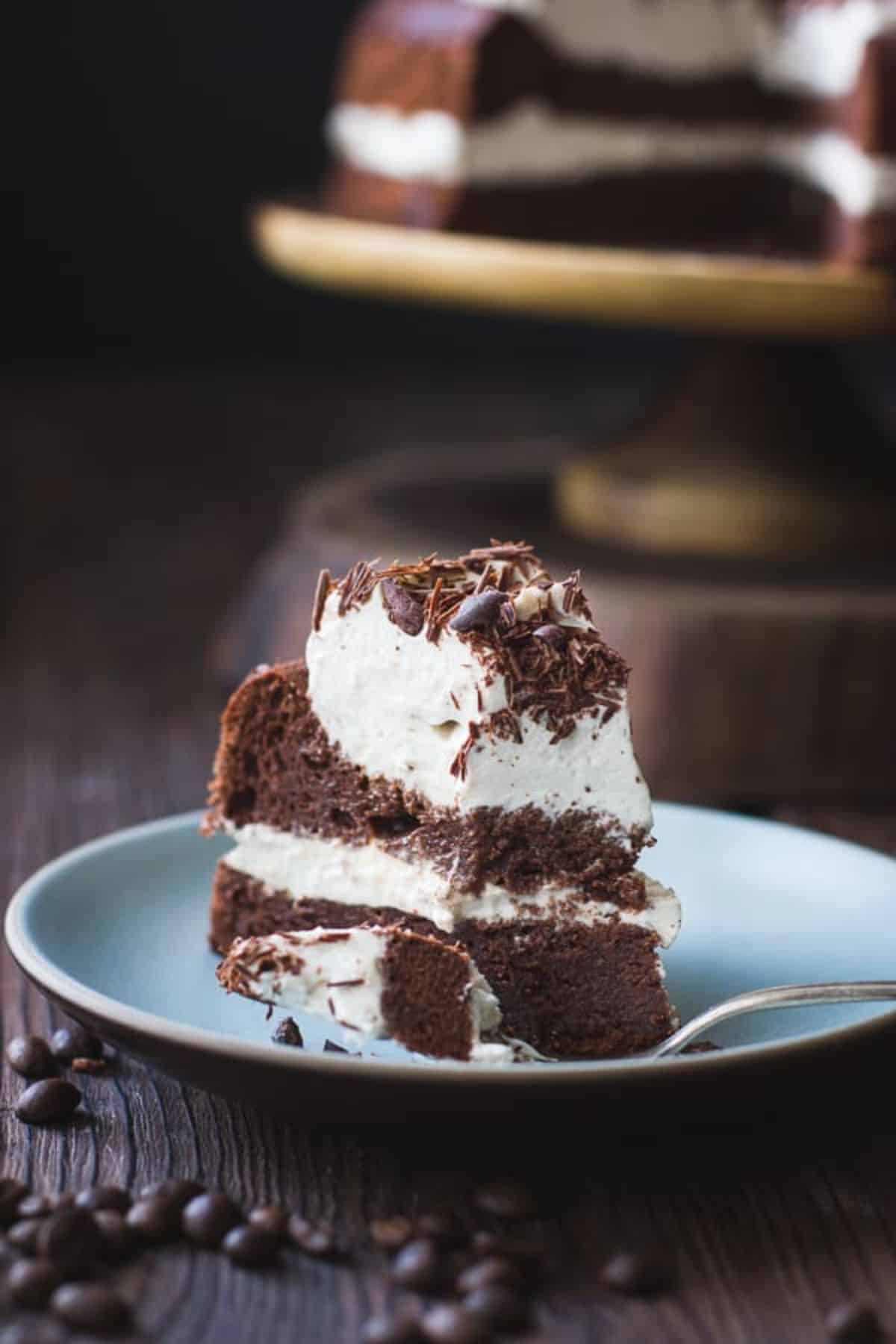 A piece of chocolate chestnut cream cake on a blue plate.