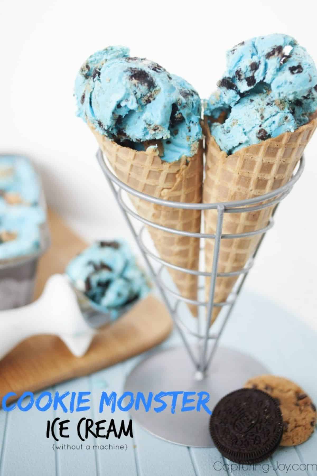 Fresh cookie monster ice cream in an ice cream stand.